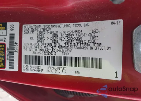 2012 Toyota Tundra Limited 5.7L V8 из США, поврежденный, VIN 5TFHY5F13CX250112